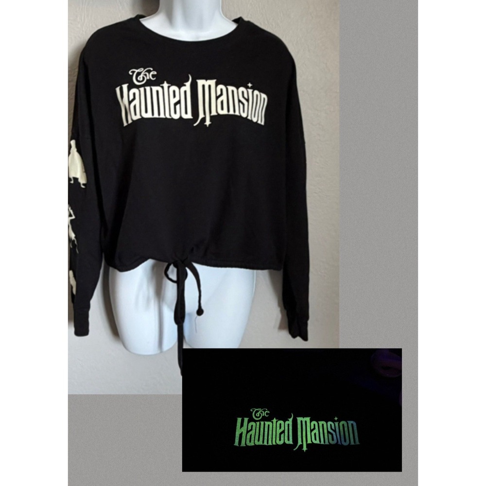 Disney Haunted Mansion Long Sleeve Womens Size Medium Black Drawstring Crop